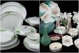 STAFFORDSHIRE ART DECO PART DINNER SERVICE FOR SIX, with black and green geometric design;