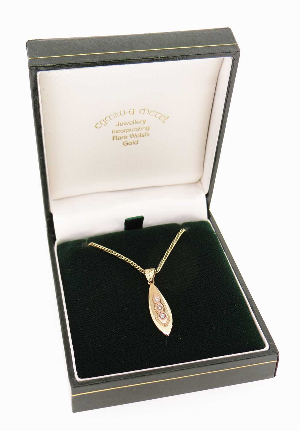 9CT WELSH GOLD NECK CHAIN with pear shaped pendant and three small, possibly diamonds, 5grms - Image 3 of 3