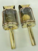 RAILWAYANA: PAIR OF COPPER & BRASS CANDLE LANTERNS, with bowed glass doors, arched chimneys and