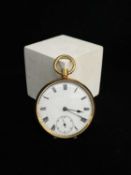 18CT GOLD OPEN FACED POCKET WATCH, the enamel face with subsidiary seconds dial and Roman