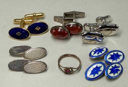 GROUP GENTS SILVER CUFFLINKS, comprising oval cabochon carnelian pair, blue/green guilloche enamel