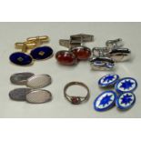 GROUP GENTS SILVER CUFFLINKS, comprising oval cabochon carnelian pair, blue/green guilloche enamel