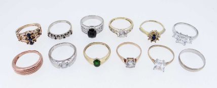 TWELVE ASSORTED DRESS RINGS, eight of them hallmarked for various gold (23.0gms gross), two silver