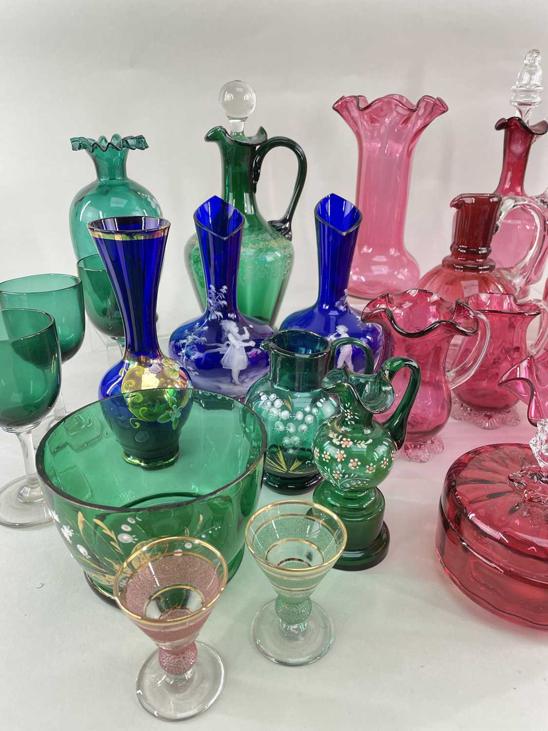 ASSORTED VICTORIAN COLOURED GLASSWARE, including three cranberry decanter jugs and stoppers, pair - Image 4 of 5
