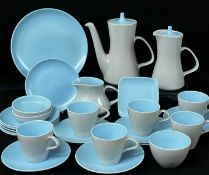 POOLE POTTERY COFFEE SERVICE, bright blue and mushroom colourway, 6 cups, saucers & plates,