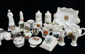 ASSORTED CRESTED CHINA, including anti-aircraft shell, pig, bulldog, pair cruets, army cap, watering