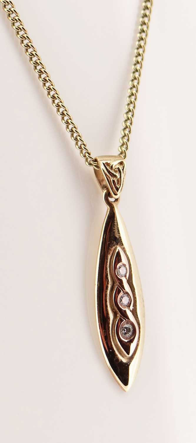 9CT WELSH GOLD NECK CHAIN with pear shaped pendant and three small, possibly diamonds, 5grms - Image 2 of 3