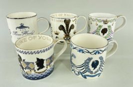 FIVE RICHARD GUYATT FOR WEDGWOOD ROYAL COMMEMORATIVE TANKARDS, including Prince Charles