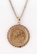 GEORGE V GOLD SOVEREIGN PENDANT, 1912, in 9ct gold rope twist mount, 13.0gms, on plated chain