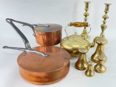 ASSORTED COPPER & BRASS, including two heavy French copper saucepans and covers with iron handles,