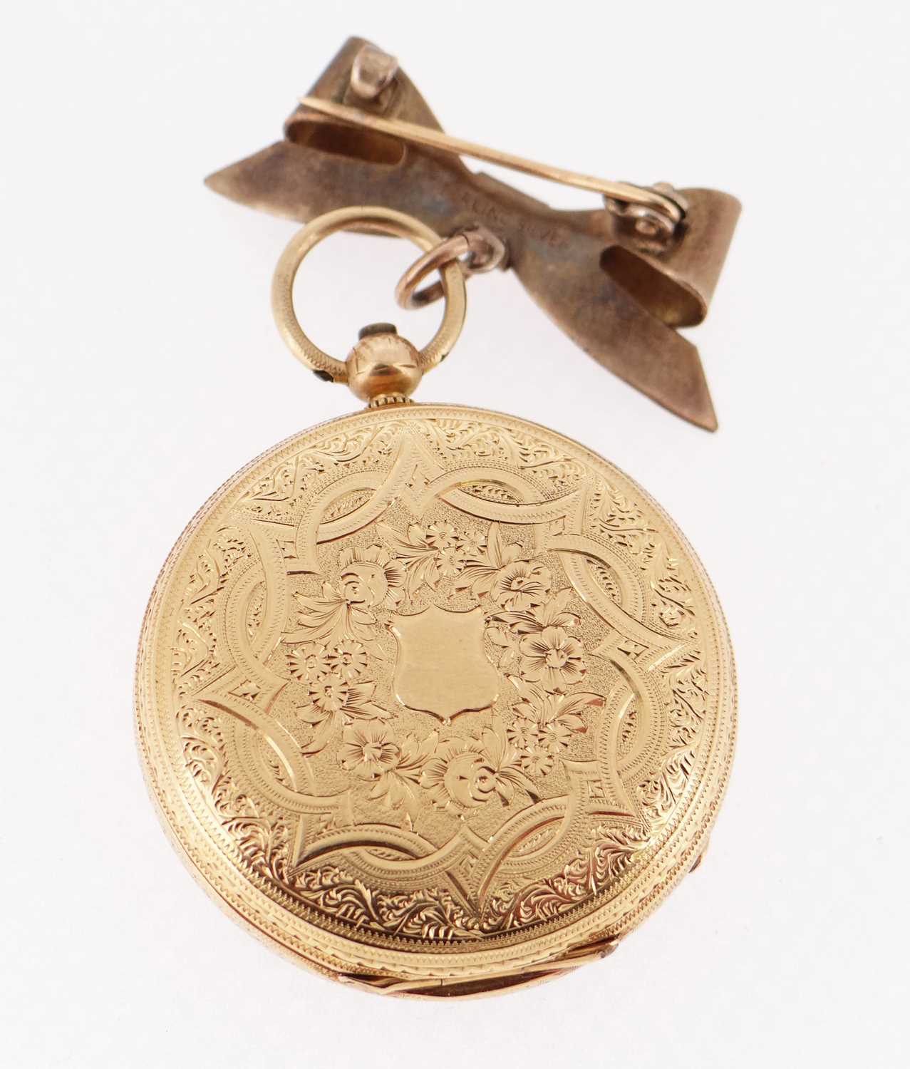 18CT GOLD SMALL POCKET / FOB WATCH, overall engraved, the movement marked 'John Swain Bristol & - Image 2 of 3