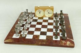 MODERN METAL CHESS SET & HARDSTONE BOARD, king 7.5cm, pawn 4.5cm, board 40.5cms square, with West