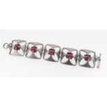 BENT LARSON: VINTAGE DANISH PEWTER METAL PANEL BRACELET, set with pink glass cabochons, signed,