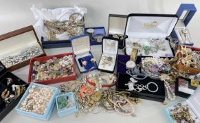 LARGE QUANTITY OF COSTUME JEWELLERY & WATCHES comprising earrings, wristwatches, silver set