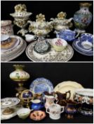 ASSORTED CONTINENTAL & OTHER CERAMICS & ORNAMENTS, including brass oil lamp, QVC globe, planter,