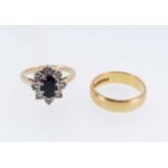 TWO GOLD RINGS comprising 18ct gold sapphire and diamond chip cluster ring, ring size L, 3.9gms,