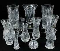 ASSORTED CUT GLASS VASES & ETCHED CELERY VASES (13)