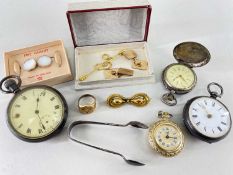 ASSORTED JEWELLERY & WATCHES comprising three silver pocket watches, gilt fob watch, silver sugar