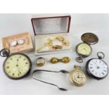 ASSORTED JEWELLERY & WATCHES comprising three silver pocket watches, gilt fob watch, silver sugar