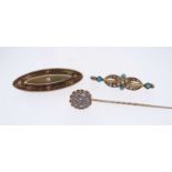 ASSORTED JEWELLERY comprising 15ct gold diamond set brooch, yellow metal diamond cluster hat pin and