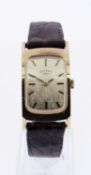 ROTARY 9K GOLD GENTS TANK WRISTWATCH, c. 1992, retailed by Dunhill, textured gold dial with