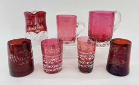 ASSORTED VICTORIAN CRANBERRY & RUBY STAINED GLASS SOUVENIRS, including tankard engraved 'SS