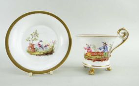 ENGLISH PORCELAIN EMPIRE-STYLE CABINET CUP & STAND,c. 1820, with jewelled footrim, high scrolled