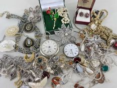 ASSORTED JEWELLERY & WATCHES comprising two pocket watches including 'The Llandilo Lever', gem set