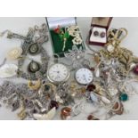 ASSORTED JEWELLERY & WATCHES comprising two pocket watches including 'The Llandilo Lever', gem set