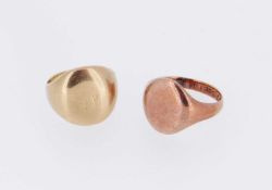 TWO SIGNET RINGS comprising 9ct rose gold example (5.0gms) and another yellow metal example (11.