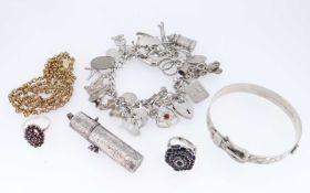 ASSORTED JEWELLERY comprising silver charm bracelet, silver buckle design bangle, small silver