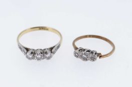TWO DIAMOND RINGS comprising 18ct gold and platinum three stone diamond ring, 0.25cts overall
