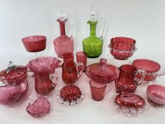 ASSORTED VICTORIAN & EDWARDIAN CRANBERRY GLASSWARE, including bowls, muffin dish butter tub, milk