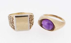 TWO 9CT GOLD RINGS comprising purple cabochon gem set ring and square design ring with textured
