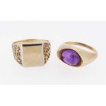 TWO 9CT GOLD RINGS comprising purple cabochon gem set ring and square design ring with textured
