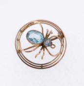 EDWARDIAN 9CT GOLD & AQUAMARINE SPIDER BROOCH, in Austin & Williams pink leather and turquoise