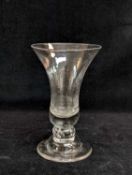 18TH CENTURY GIN GLASS, trumpet bowl on short air twist knop stem, domed circular foot, 11.5cms h