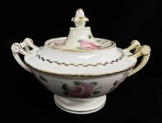 SWANSEA PORCELAIN SAUCE TUREEN & COVER, urn form with spindle handles, painted with full blown