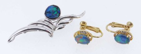 OPAL JEWELLERY comprising pair of gold plated opal triplet earrings set with diamond simulants,
