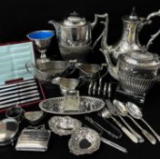 ASSORTED COLLECTIBLE SILVER & PLATE, including Victorian navette-shaped inkstand with cut glass