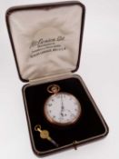 9CT GOLD OPEN FACED POCKET WATCH, the white enamel dial having subsidiary seconds dial with Arabic