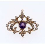 EDWARDIAN 15CT GOLD AMETHYST & SEED PEARL PENDANT / BROOCH, 7.1gms Provenance: deceased estate