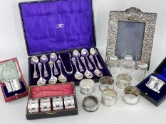 ASSORTED SILVER, including good cased set of 12 teaspoons and sugar nips, Walker & Hall, Sheffield