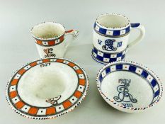 FOUR CROWN DUCAL 1937 ROYAL COMMEMORATIVE VESSELS, including two bowls, tankard and mug in orange