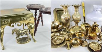 ASSORTED BRASSWARE, including 19th Century footman, pair Indian vases, oil lamp with opaque white