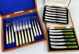 THREE BOXED SETS OF FLATWARE, comprising Edwardian set foliated engraved fruit knives and forks with