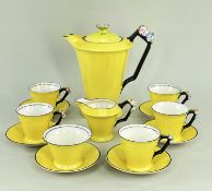 J. KENT LTD. ART DECO COFFEE SERVICE FOR SIX, mandarin yellow with black and pink/blue forget-me-not