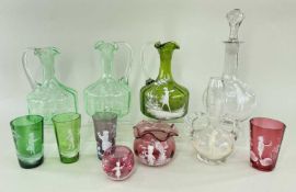 ASSORTED VICTORIAN 'MARY GREGORY' COLOURED GLASSWARE, typically enamelled with children and