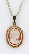 9CT GOLD NECK CHAIN WITH OVAL LADY CAMEO PENDANT, 4.3grms