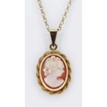 9CT GOLD NECK CHAIN WITH OVAL LADY CAMEO PENDANT, 4.3grms